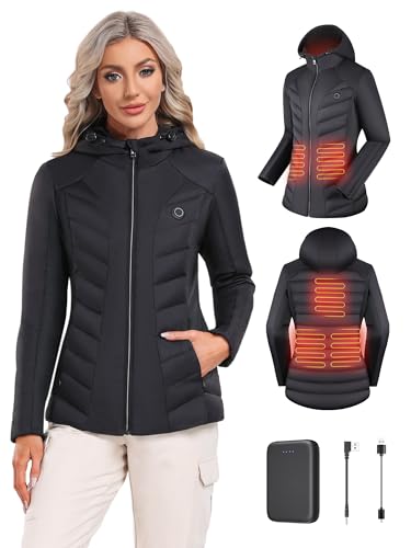 Vofuoti Damen Beheizbare Jacke mit akku 10000mAh, Elektrische Heizjacke with Kapuze, Winddichte Heizbare Beheizte Jacke für Skifahren, Wandern, Camping